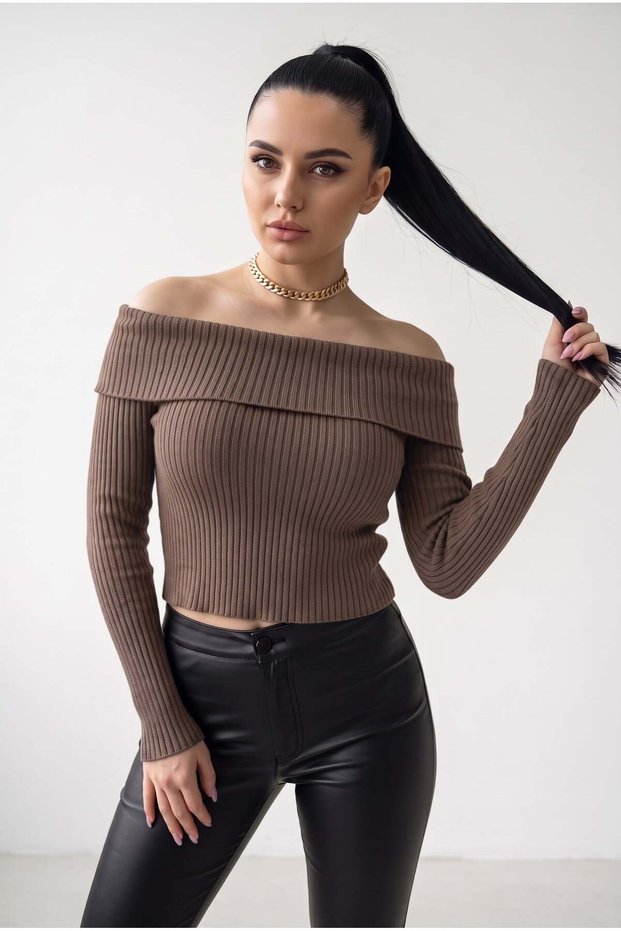 Women's Light Brown Extra Flexible S-M-L Compatible Madonna Semi-Crop Ribbed Blouse Sweater
