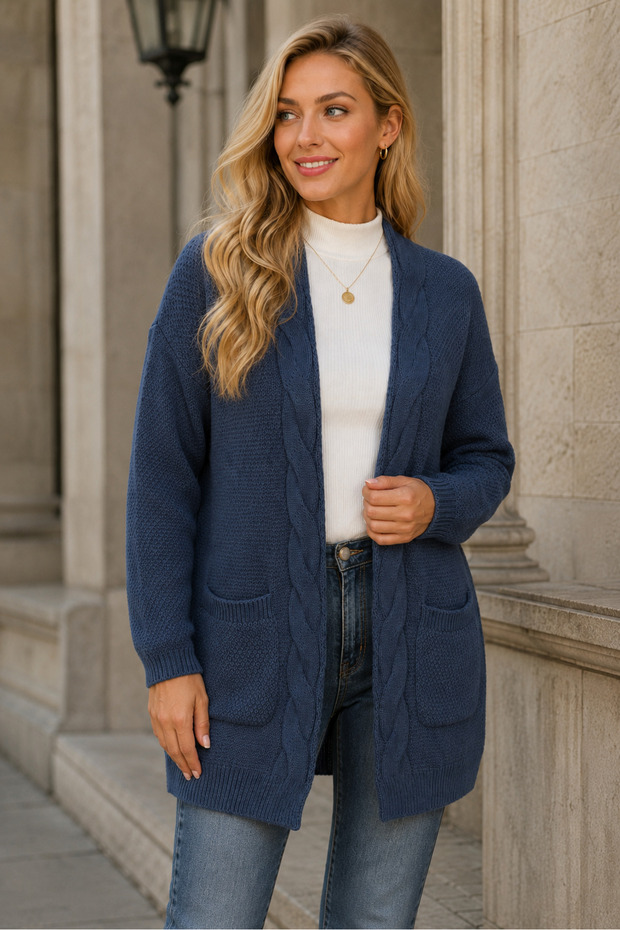 Women's Long Sleeve Open Front Pocket Hair Braided Casual Fit Stylish Daily Indigo Knitwear Cardigan