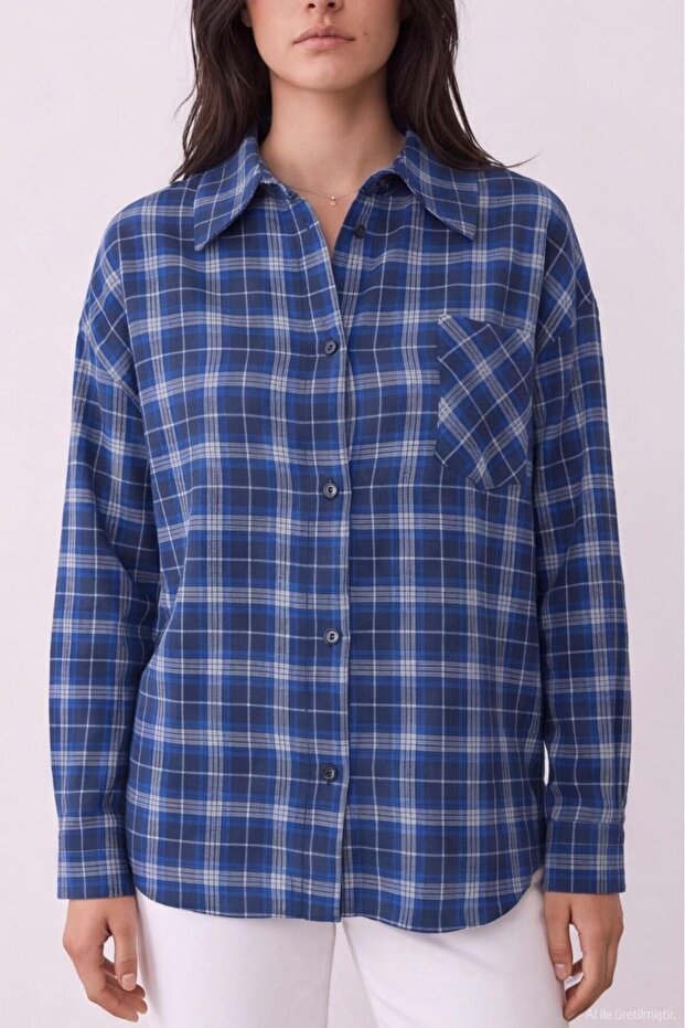 Blue Plaid Shirt with Pocket Detail