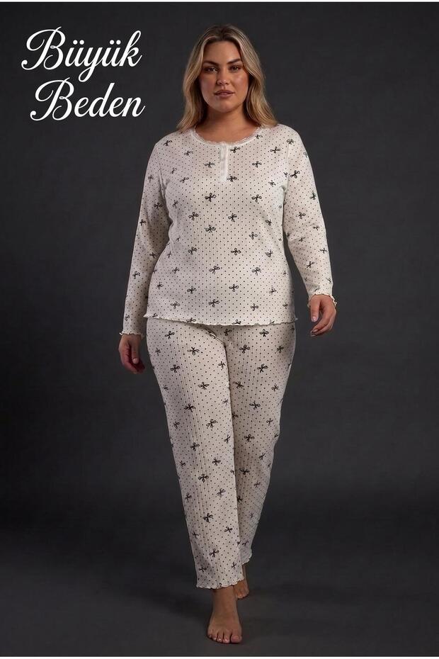 Women's Long Sleeve Report Interlock Large Size White Pajama Set C5T4N28