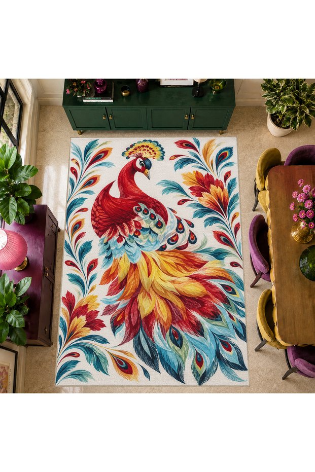 Aura Anatolian Peacock Patterned Retro Pattern Woven Base Decorative Carpet Auraplus29