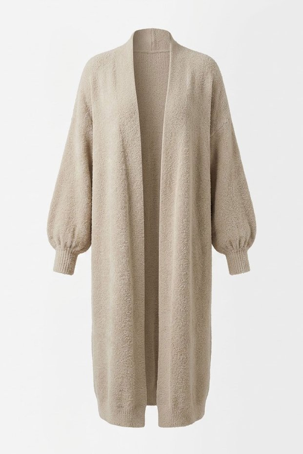 Shawl Collar Soft Textured Long Cardigan - Beige