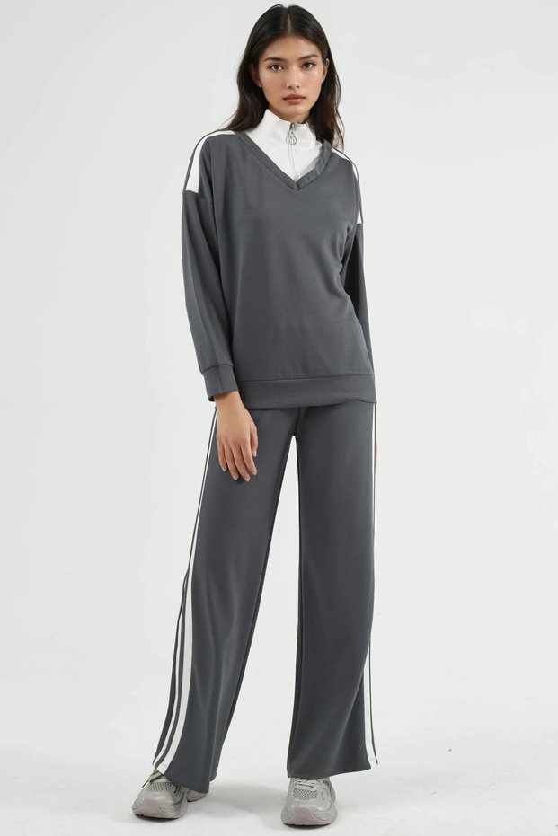 Soft Touch Modal Textured Zippered Collar Striped Wide Leg Two-Piece Set