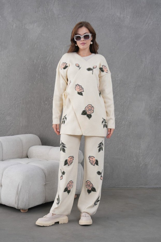 Women's Beaded Side-Tie Wide-Fit Knitwear Cardigan and Pants Bottom-Top Set