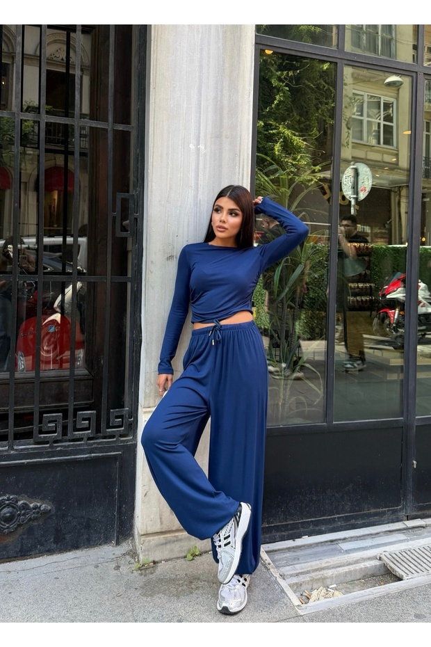 Women's Blue Blouse Pants Bottom Top Set