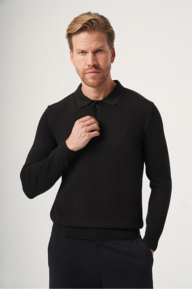 Black Polo Collar Long Sleeve Knitted Comfort Fit Cotton Sweater 1012265150