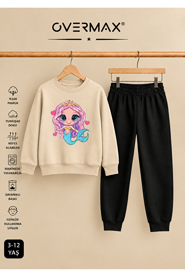 Mermaid Printed Hoodless Sweatshirt Tracksuit Set – Ages 3-12