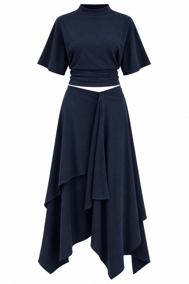 Navy Blue Asymmetrical Modal Skirt Suit - 261024