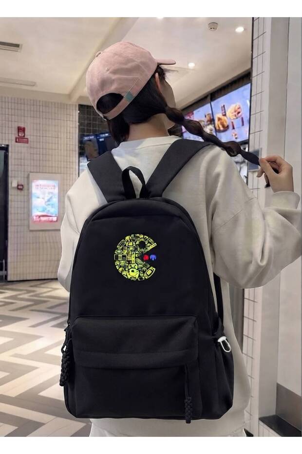 Unisex Black Pacman Game Printed School and Daily Backpack