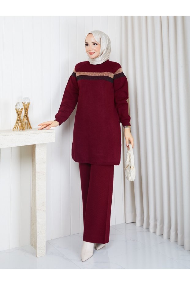 Knitted Glitter Striped Knitwear Tunic Pants Set