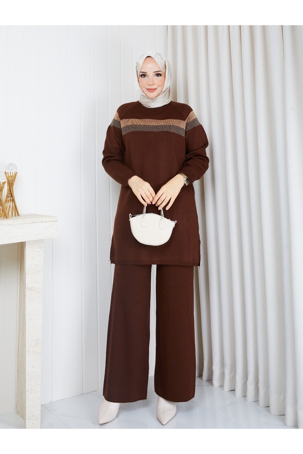 Knitted Glitter Striped Knitwear Tunic Pants Set
