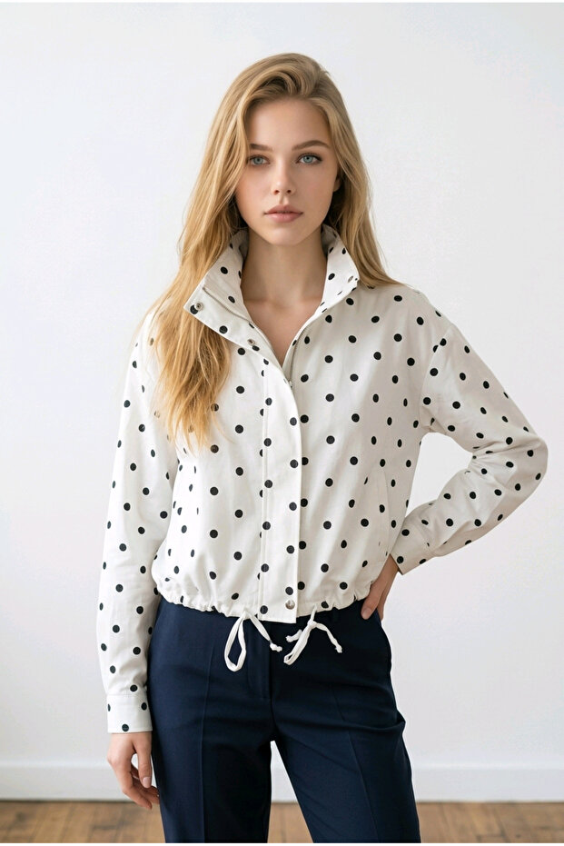 Women's White Black Polka Dot Unlined Gabardine Short Coat Yy101423