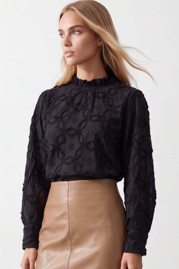 Women's Black Stand Collar Scallop Woven Blouse Alc-X15789
