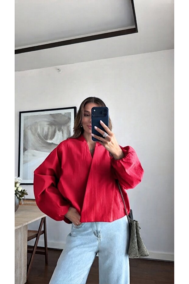 Women's Double-Breasted V-Neck Snap Button Balloon Sleeve Bomber Jacket