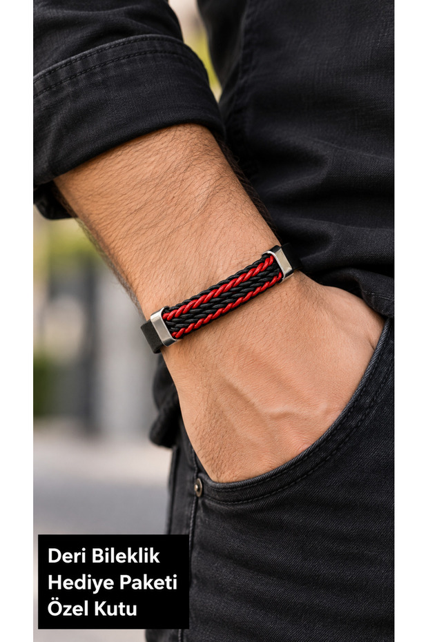 Novaris Crimsonrail Black Leather Men's Bracelet - Red and Black Braided Stripe