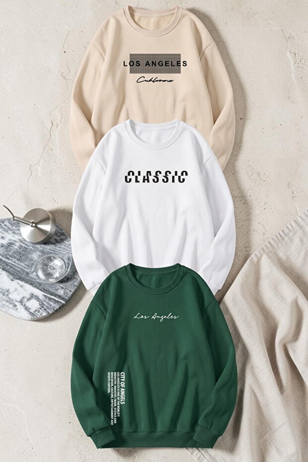 Unisex Mixed Printed Crew Neck Sweatshirt Set – Pack of 3