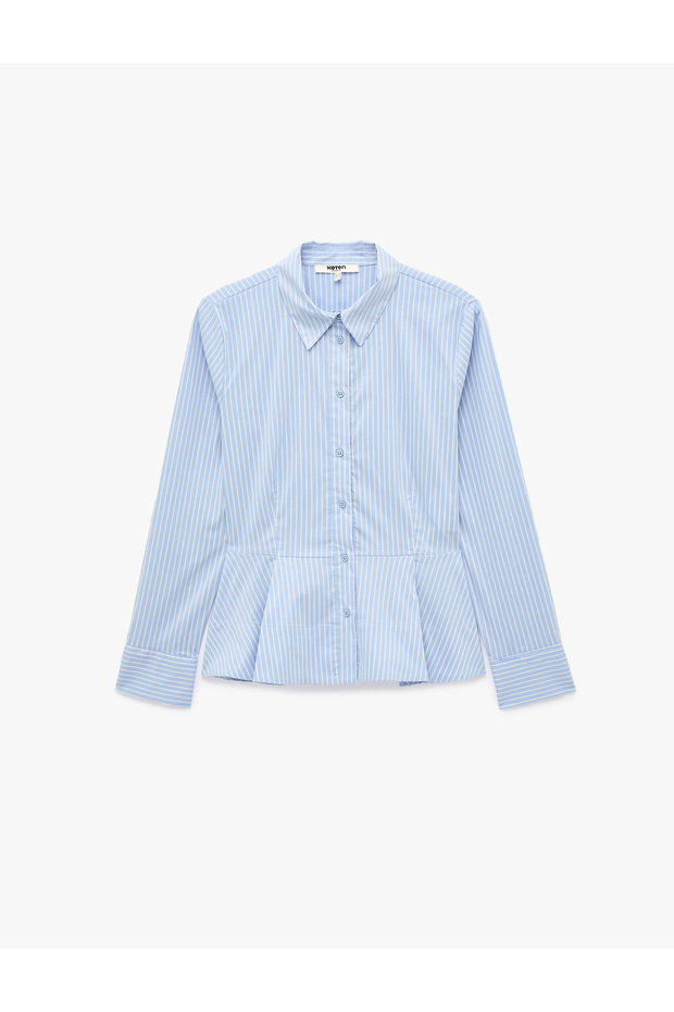 Cotton Regular Fit Buttoned Long Sleeve Classic Collar Peplum Striped Shirt