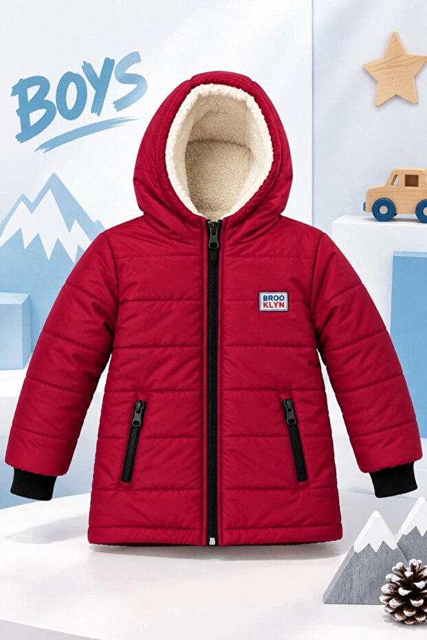Boys' Plush Lined Hooded Zippered Winter Puffer Coat