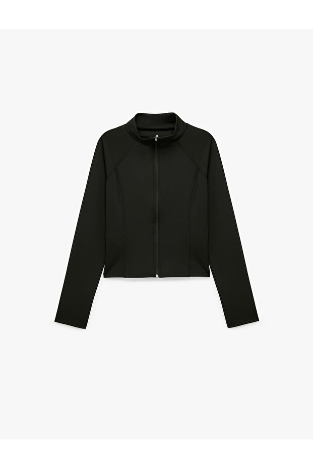 Slim Fit Long Raglan Sleeves Zippered Sports Sweatshirt with Stitching Detail