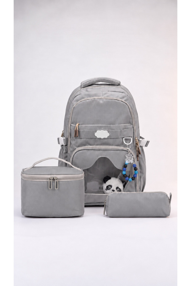 Cute Teddy Bear Detailed 3-Piece School Bag Set – Gray