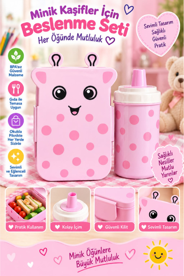 Two-compartment smiley face patterned lunch box with stickers, labels, and self-spoon, and pink water bottle with stickers and straw.