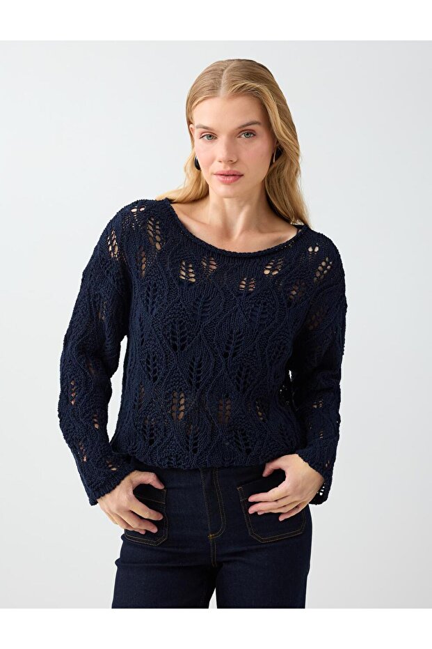 Navy Blue Boat Neck Openwork Detailed Relaxed Fit Knitwear Sweater
