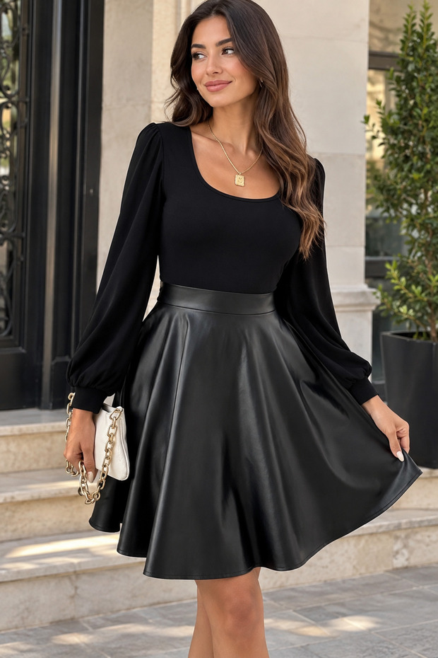 Timeless Elegance-Women's Square Neck Long Sleeve Top Viscose Bottom Leather Flared Skirt Detailed Black Dress