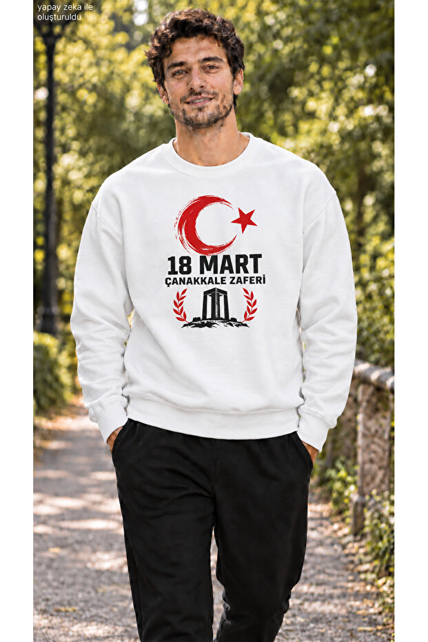 Men's Canakkale Martyrs Memorial and Moon Star Printed Crew Neck Casual Regular Fit Sweatshirt