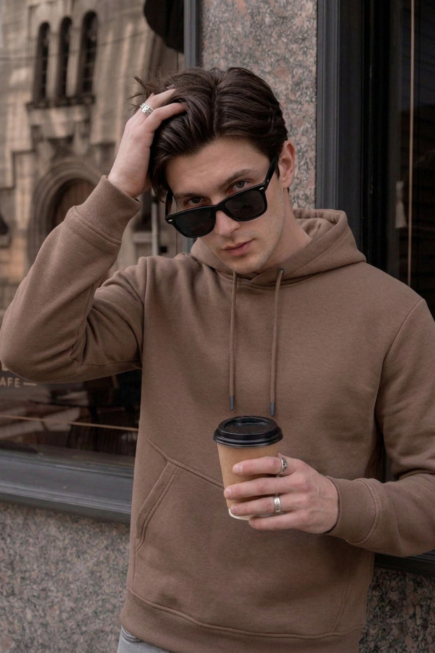 Men's Winter Thick Fleece Lined Soft Textured Hooded Oversize Sweatshirt with Side Pockets