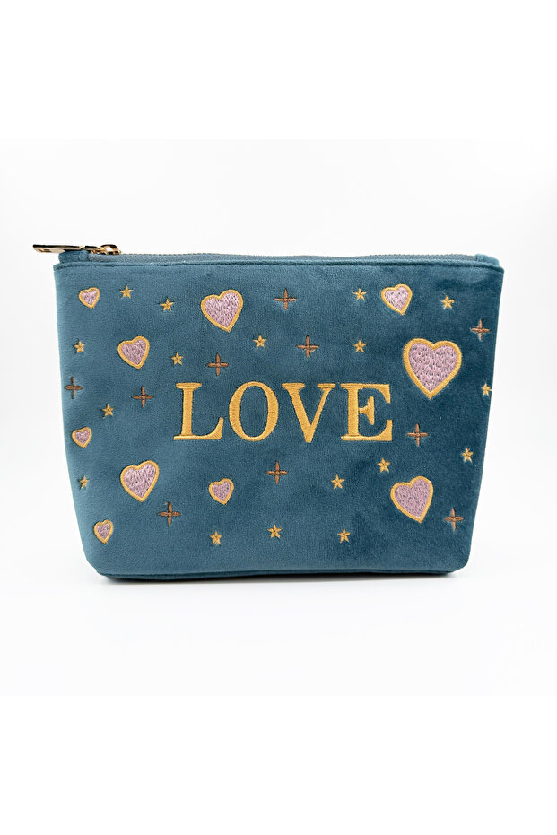 Blue Love Embroidered Velvet Makeup Bag & Organizer 23X15X7 cm