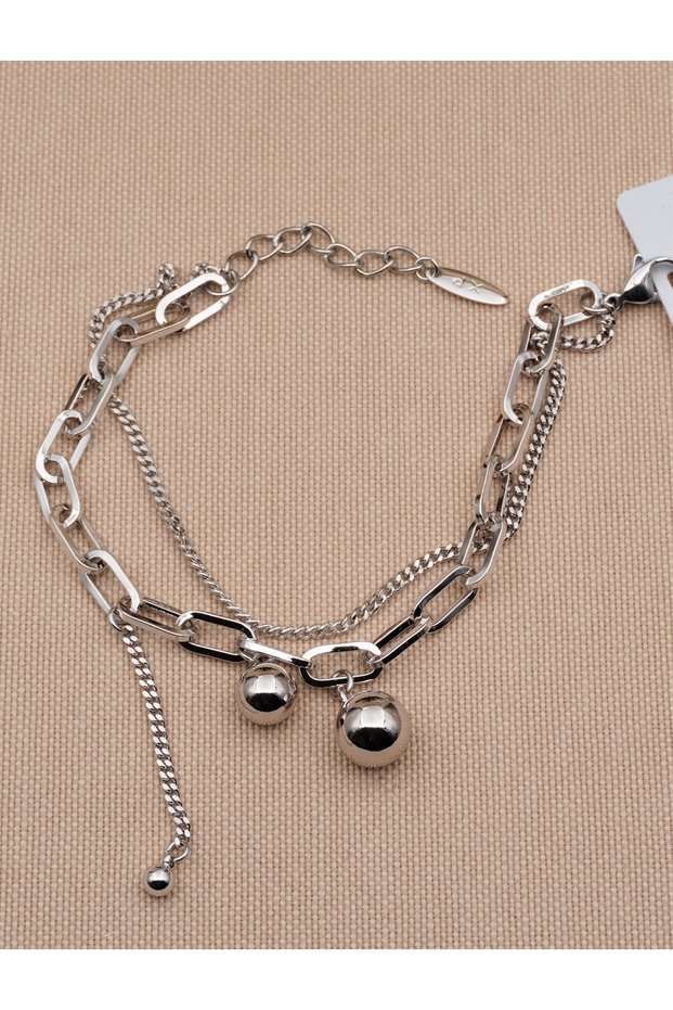 Vip Silver Color Double Chain and Ball Detailed Xuping Steel Bracelet, Non-Tarnish Steel Bracelet 18+4 cm