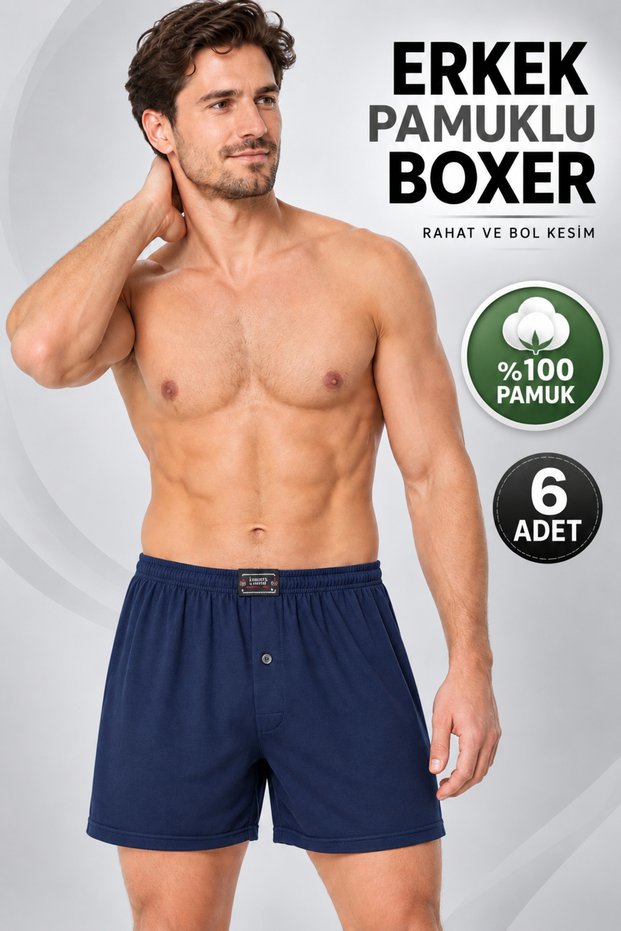Men's Boxer 100% Cotton (Seher Yetikili Satıcısı) 6 Pieces Combed Cotton Buttoned Boxer – Navy Blue