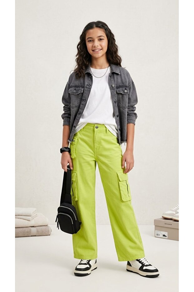 Girl's Cargo Wide Leg Pants Pistachio Green 9/14 Years