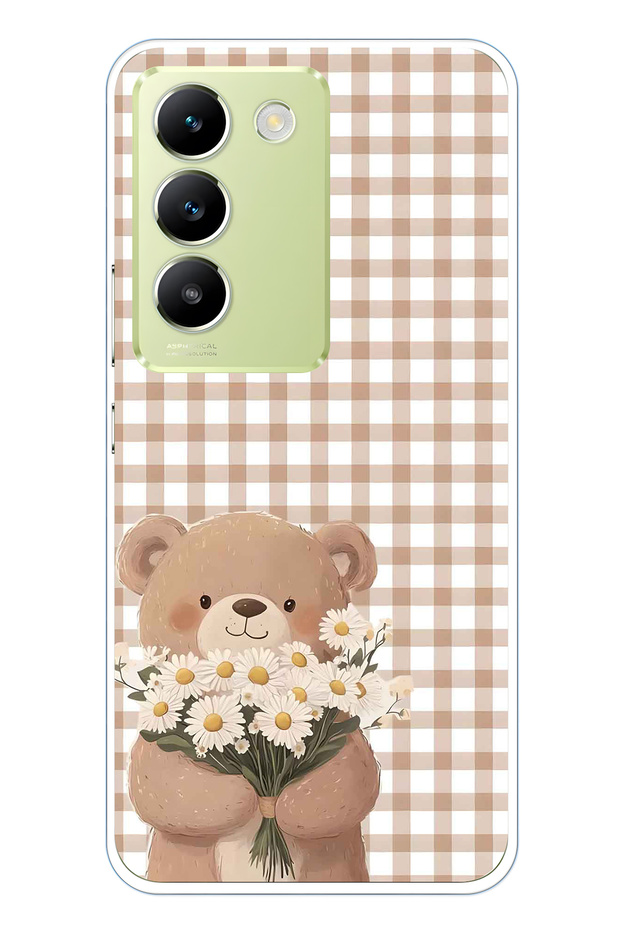 Vivo V30 Lite Compatible Flower Bouquet and Teddy Bear Pattern Transparent Phone Case