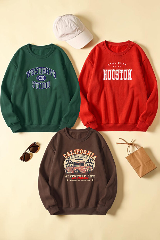 Unisex Mixed Printed Crew Neck Sweatshirt Set – Pack of 3