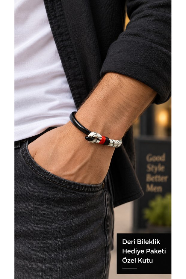 Sevrano Ivoryhook Cream White Leather Men's Bracelet - Black Open Clasp