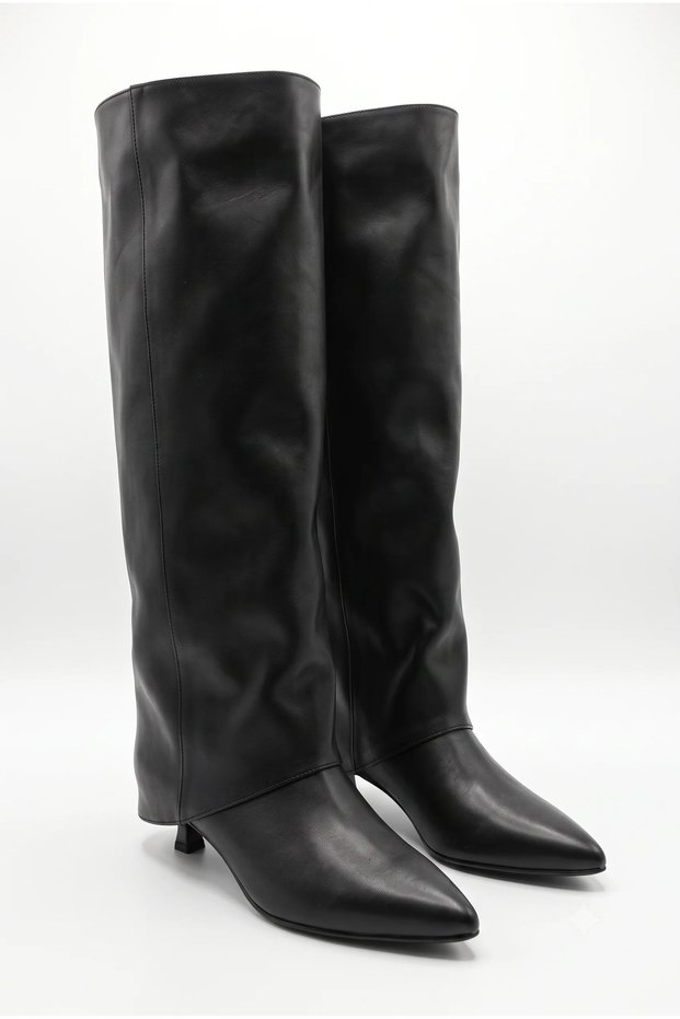 Women's Knee-Length Goblet Heeled Pointed Toe Covered Long Boots - Alessa - Black