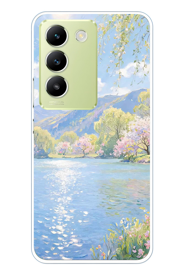Vivo V30 Lite Compatible Monet Style Lake Landscape Pattern Transparent Phone Case