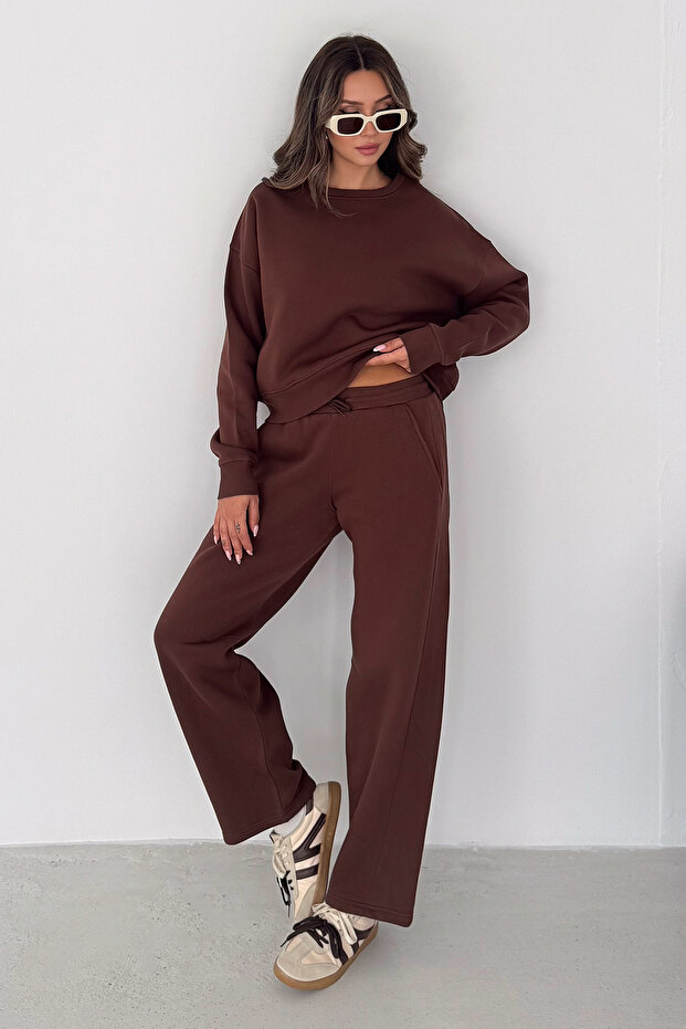 Women's Crew Neck Sweatshirt Baggy Wide Leg Sweatpants Two-Piece Set