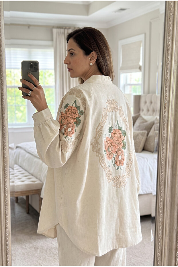 Women's Beige Embroidered Kimono Jacket