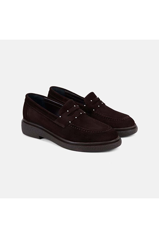 Women's Brown Metal Stud Detailed Suede Loafer