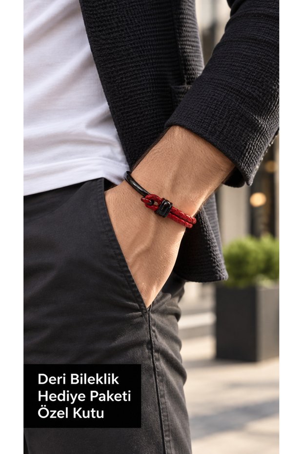 Tervano Redloop Red Black Leather Men's Bracelet - Black Open Shackle