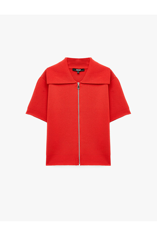 Regular Fit Zippered Turn-Down Collar Short Sleeve Knitwear Cardigan