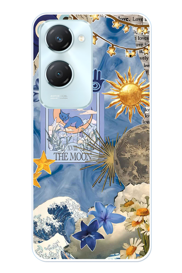 Vivo Y18 Compatible Moon Sun Vintage Sky Pattern Transparent Phone Case