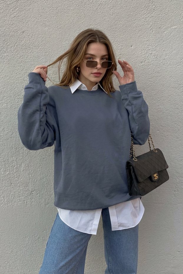 Women's Winter Thick Fleece Lined Puff Fabric Crew Neck Regular Sweatshirt