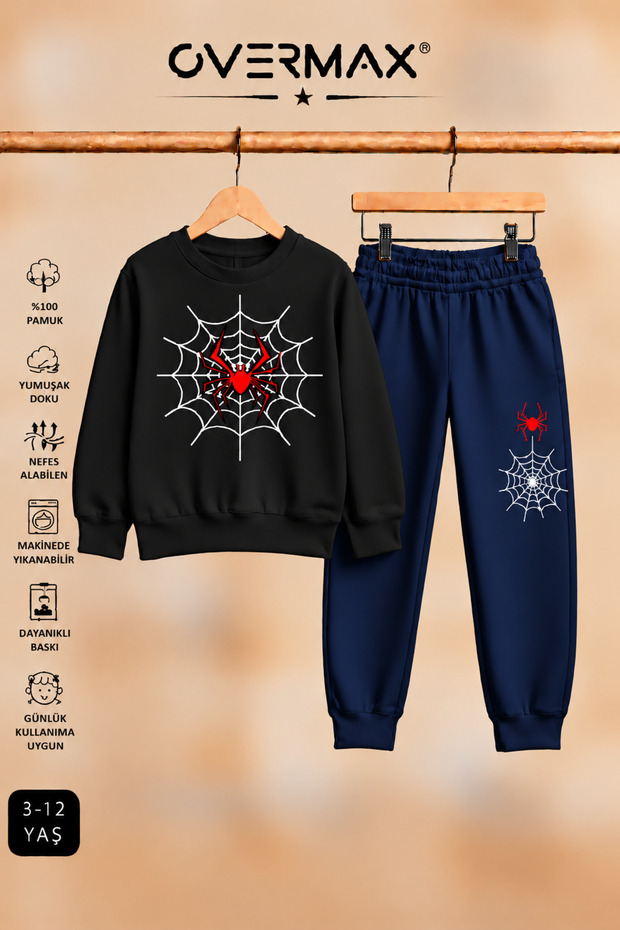 Spider Web Printed Hoodless Sweatshirt & Sweatpants Set – Ages 3-12