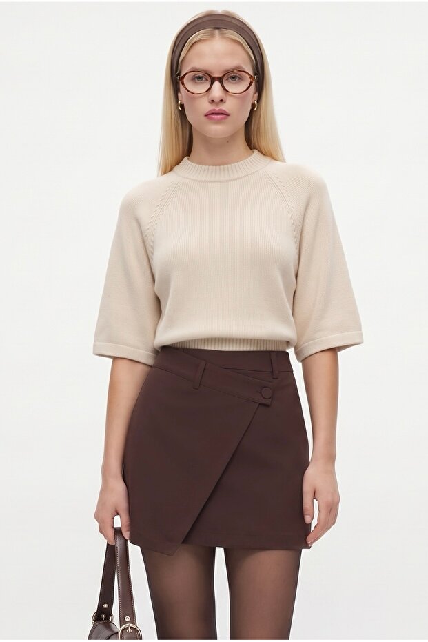 Women's Vex Shorts Lined Asymmetrical Button Detailed Brown Skirt