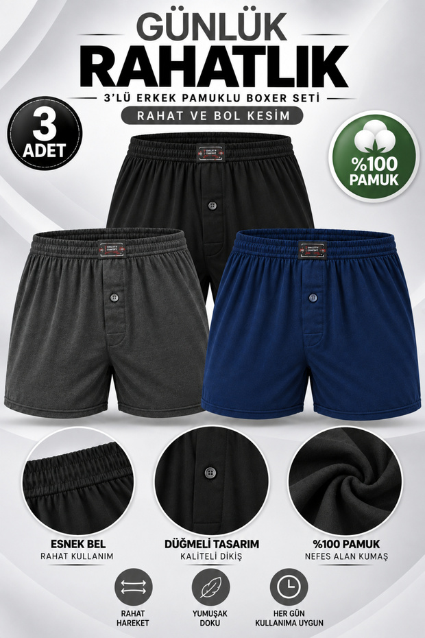 Men's Boxer 100% Cotton (Seher Yetikili Satıcısı) 3 Pieces Combed Cotton Buttoned Boxer – Smoked Black Navy Blue