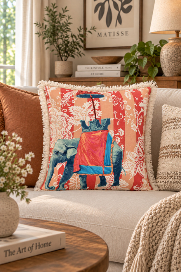 Fringed Cushion Cover Double Sided 43*43 cm - Tile Indian Elephant