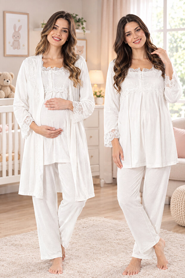 Maternity Long Sleeve Adjustable Waist Pajama Set with Maternity Robe